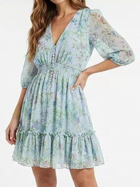 Taylor Mini Smocked Waist Chiffon V-Neck Dress Size 8